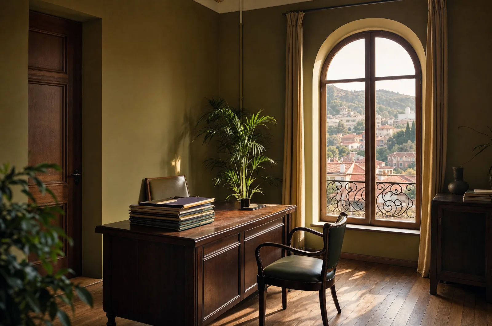 Arbeitszimmer mit Schreibtisch und Rundbogenfenster mit Blick &uuml;ber die D&auml;cher von Tiflis